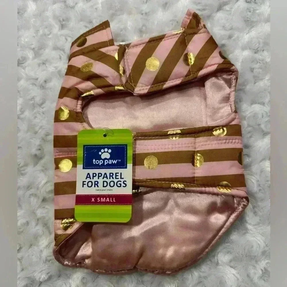 Top Paw Pink Gold Polka Dot Striped Dog Puffer Jacket‎ XS